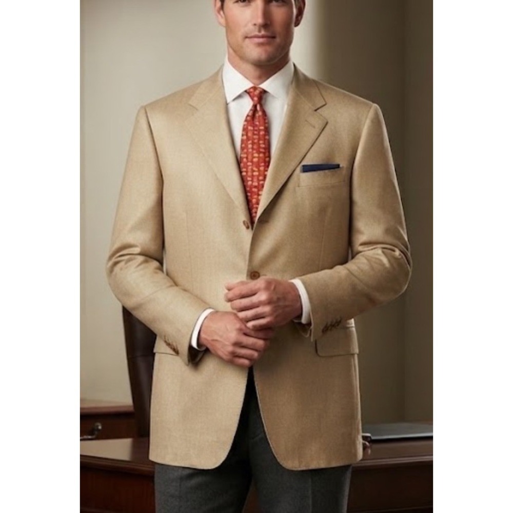 Canali Sport Coat Mens Beige Herringbone Wool Silk Blazer Sz 50L Gangster Boss